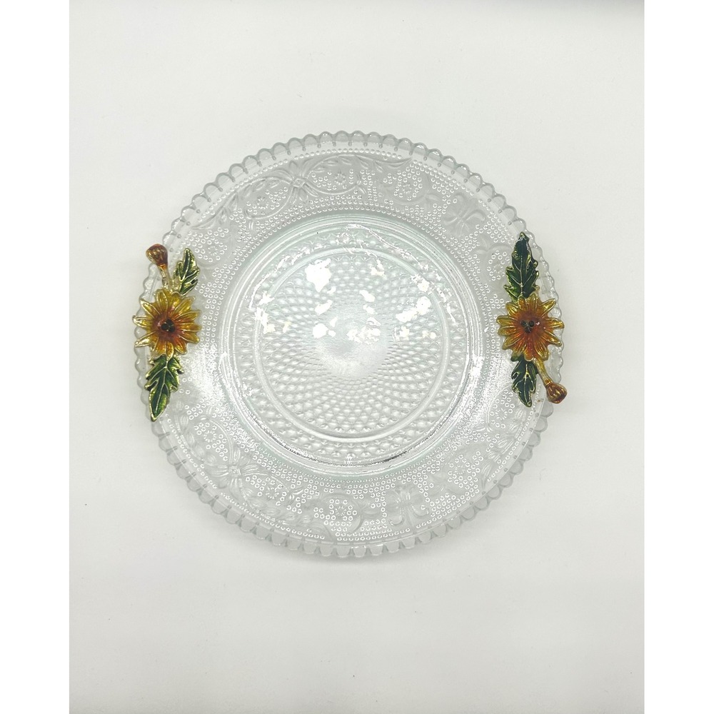 Clear Pressed Glass Trinket Dish with Enamel Sunflower Handles Round 6 Inch Tray